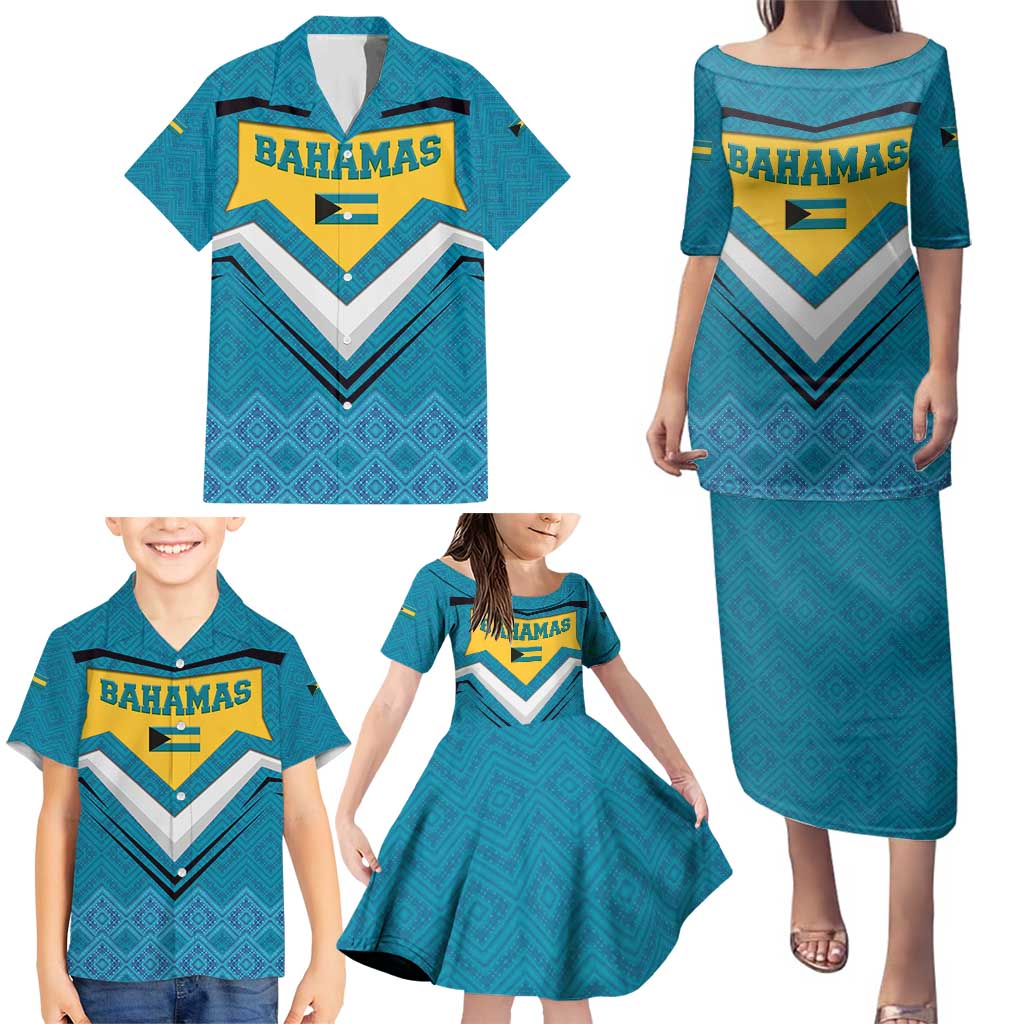 Bahamas Family Matching Puletasi and Hawaiian Shirt with Blue Marlin Fish Tribal Chevron Flag Spirit