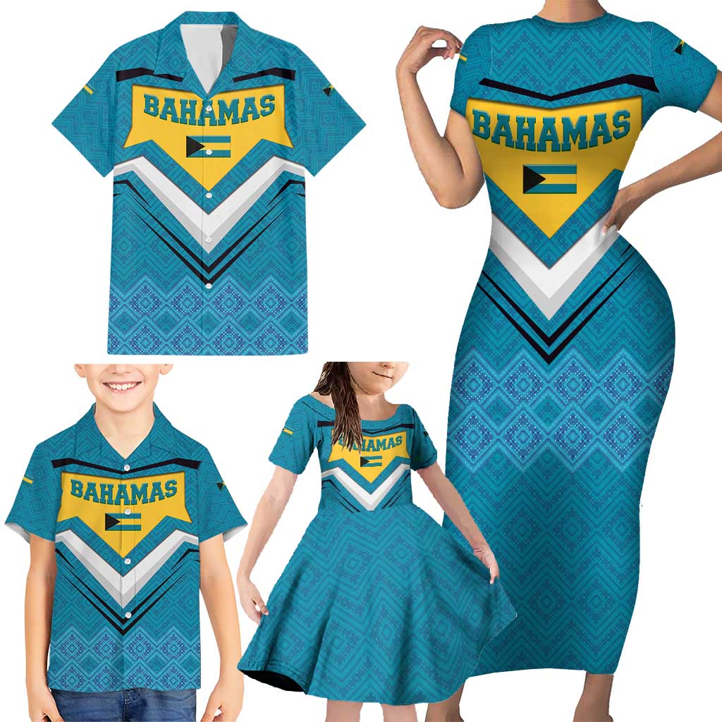 Bahamas Family Matching Short Sleeve Bodycon Dress and Hawaiian Shirt with Blue Marlin Fish Tribal Chevron Flag Spirit