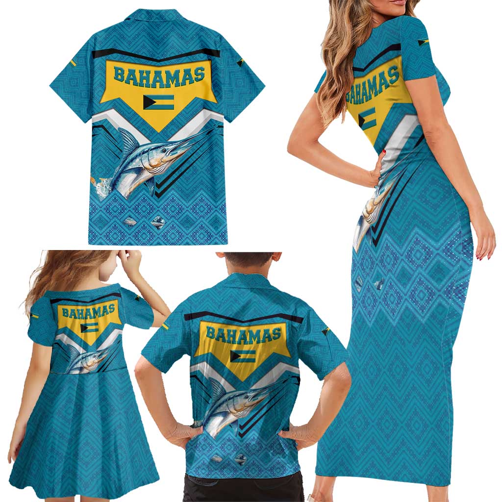 Bahamas Family Matching Short Sleeve Bodycon Dress and Hawaiian Shirt with Blue Marlin Fish Tribal Chevron Flag Spirit