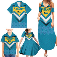 Bahamas Family Matching Summer Maxi Dress and Hawaiian Shirt with Blue Marlin Fish Tribal Chevron Flag Spirit