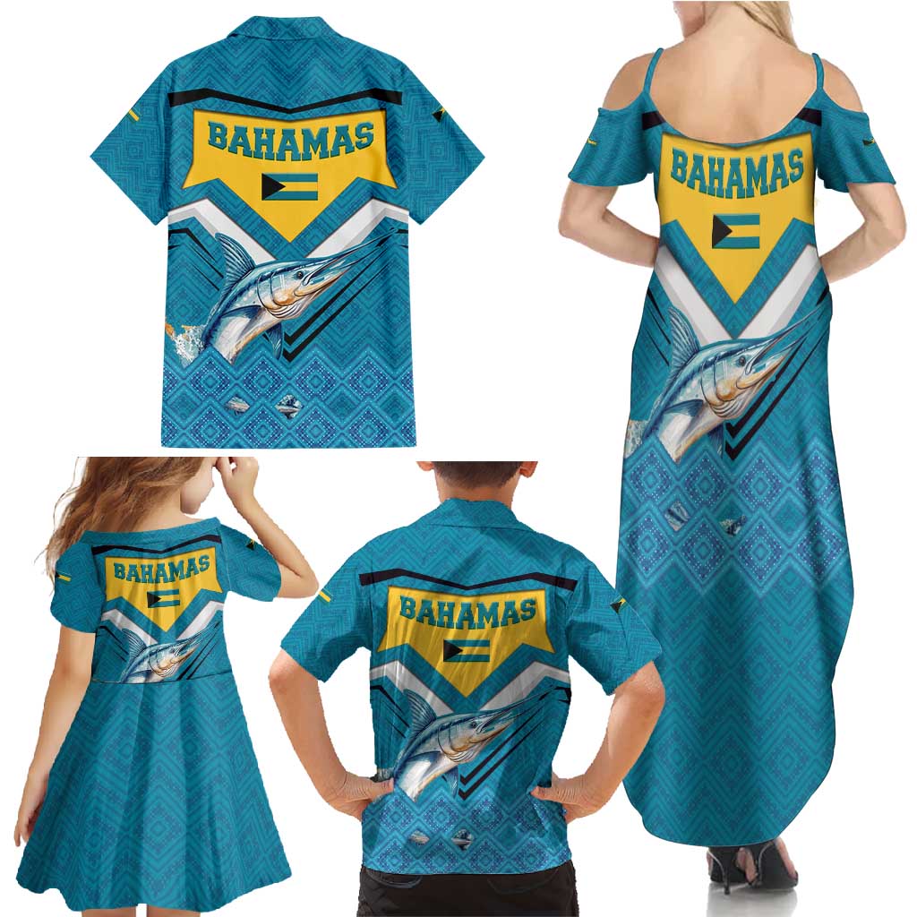 Bahamas Family Matching Summer Maxi Dress and Hawaiian Shirt with Blue Marlin Fish Tribal Chevron Flag Spirit