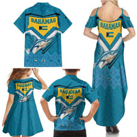Bahamas Family Matching Summer Maxi Dress and Hawaiian Shirt with Blue Marlin Fish Tribal Chevron Flag Spirit