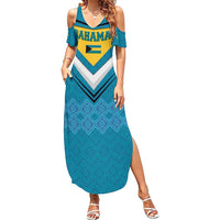 Bahamas Family Matching Summer Maxi Dress and Hawaiian Shirt with Blue Marlin Fish Tribal Chevron Flag Spirit