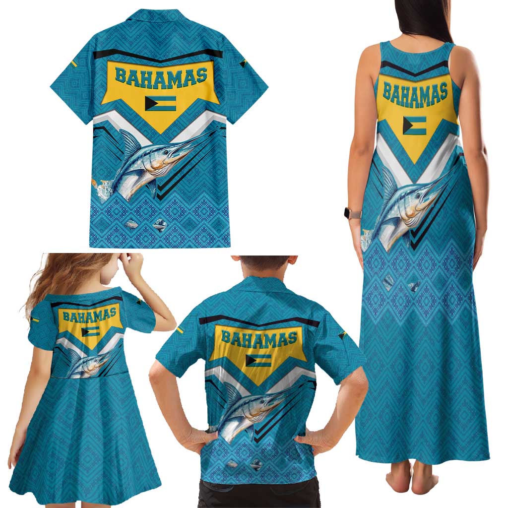 Bahamas Family Matching Tank Maxi Dress and Hawaiian Shirt with Blue Marlin Fish Tribal Chevron Flag Spirit
