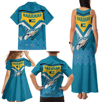 Bahamas Family Matching Tank Maxi Dress and Hawaiian Shirt with Blue Marlin Fish Tribal Chevron Flag Spirit