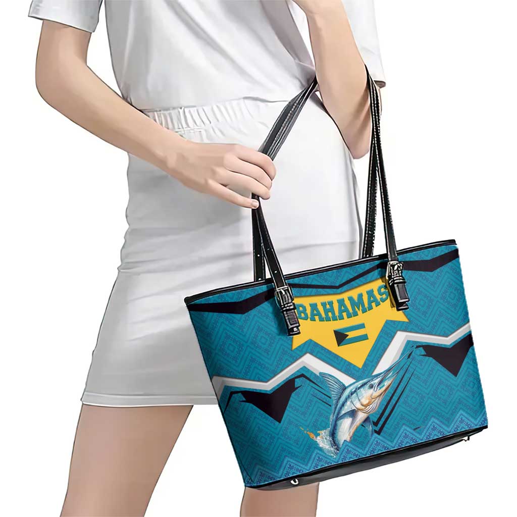Bahamas Leather Tote Bag with Blue Marlin Fish Tribal Chevron Flag Spirit