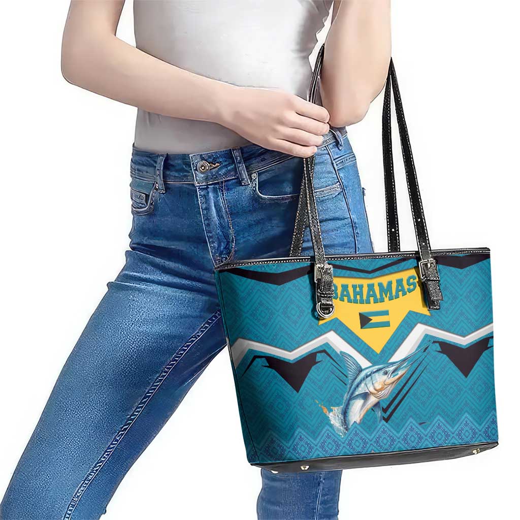 Bahamas Leather Tote Bag with Blue Marlin Fish Tribal Chevron Flag Spirit