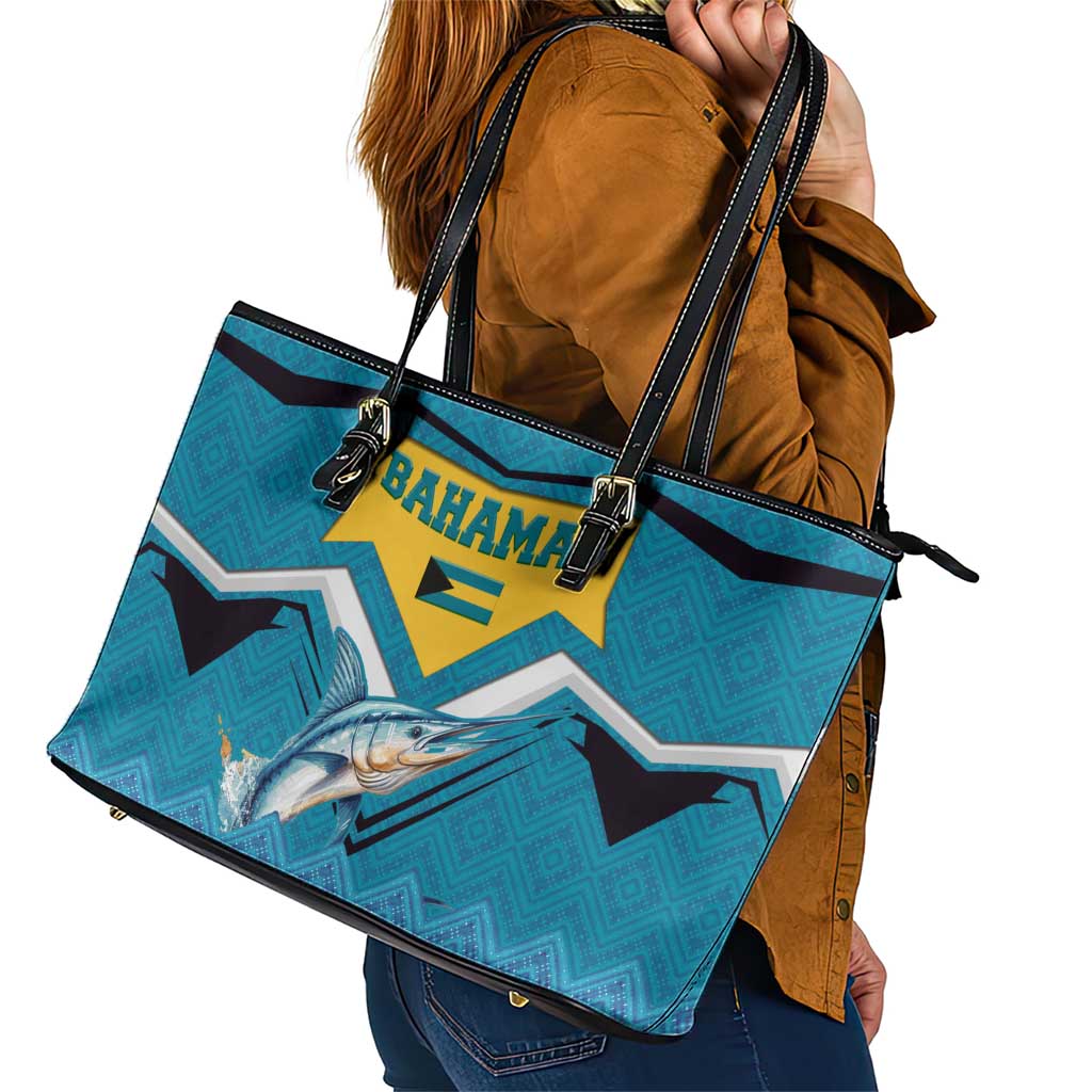 Bahamas Leather Tote Bag with Blue Marlin Fish Tribal Chevron Flag Spirit