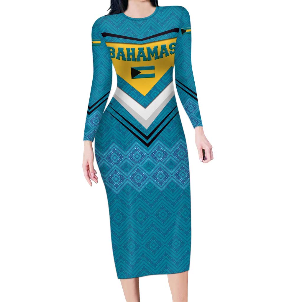 Bahamas Long Sleeve Bodycon Dress with Blue Marlin Fish Tribal Chevron Flag Spirit