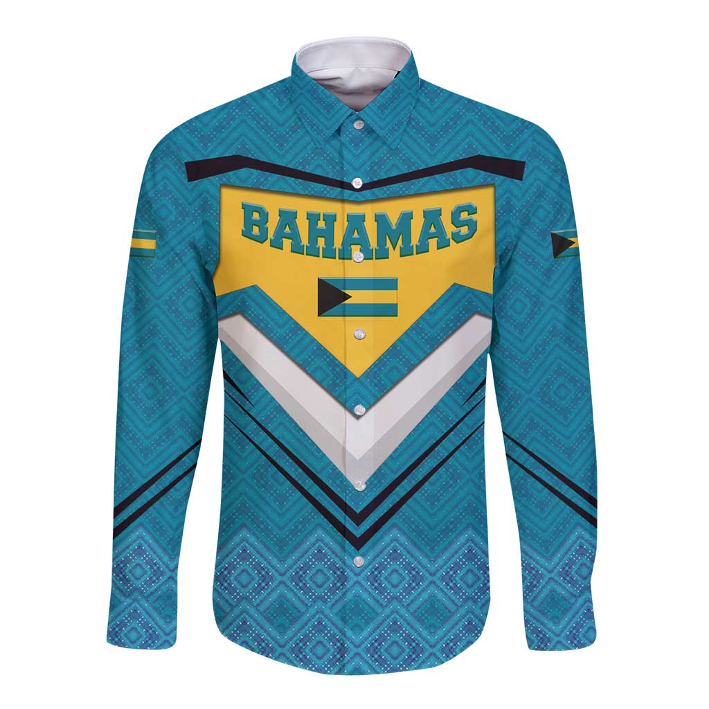 Bahamas Long Sleeve Button Shirt with Blue Marlin Fish Tribal Chevron Flag Spirit