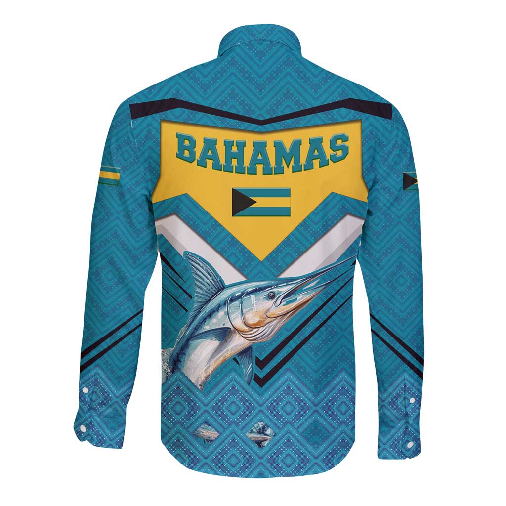 Bahamas Long Sleeve Button Shirt with Blue Marlin Fish Tribal Chevron Flag Spirit
