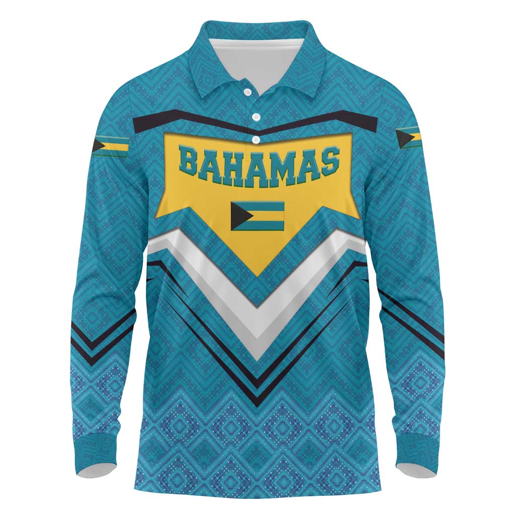 Bahamas Long Sleeve Polo Shirt with Blue Marlin Fish Tribal Chevron Flag Spirit