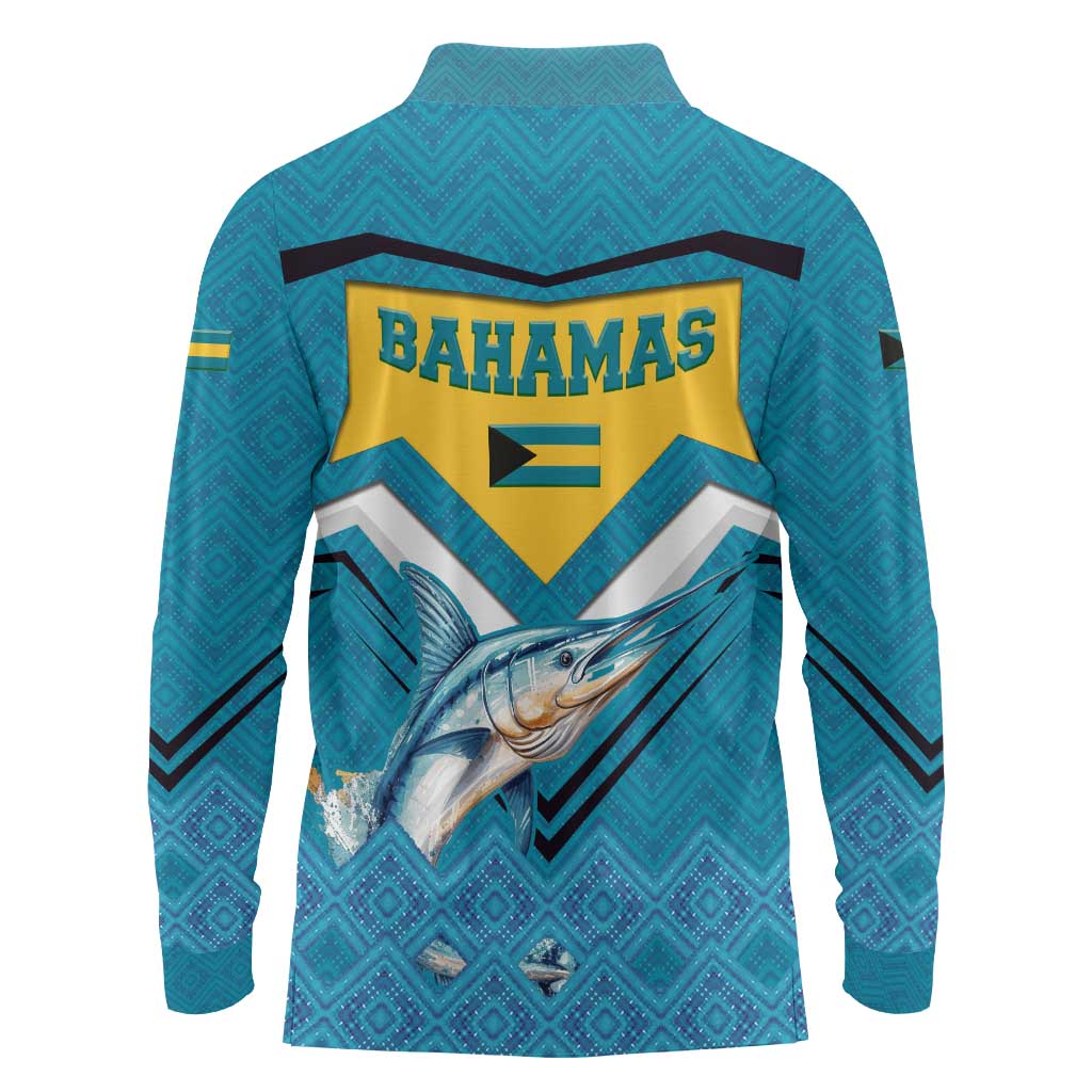 Bahamas Long Sleeve Polo Shirt with Blue Marlin Fish Tribal Chevron Flag Spirit