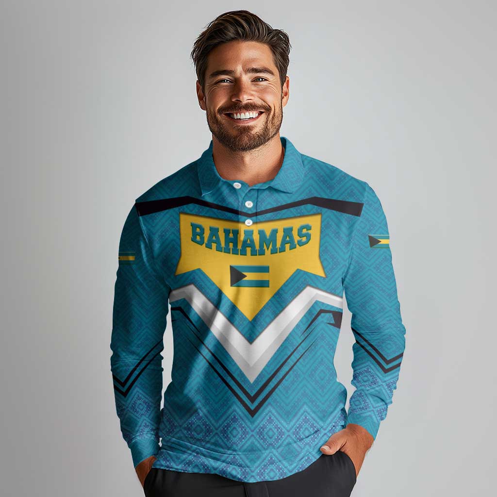 Bahamas Long Sleeve Polo Shirt with Blue Marlin Fish Tribal Chevron Flag Spirit