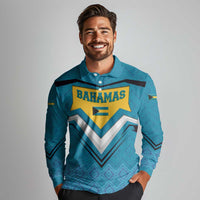 Bahamas Long Sleeve Polo Shirt with Blue Marlin Fish Tribal Chevron Flag Spirit