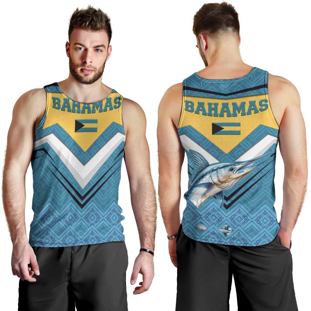 Bahamas Men Tank Top with Blue Marlin Fish Tribal Chevron Flag Spirit