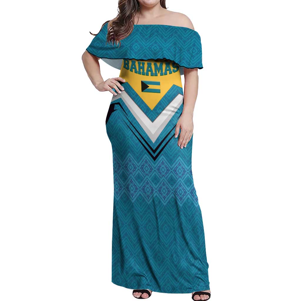 Bahamas Off Shoulder Maxi Dress with Blue Marlin Fish Tribal Chevron Flag Spirit