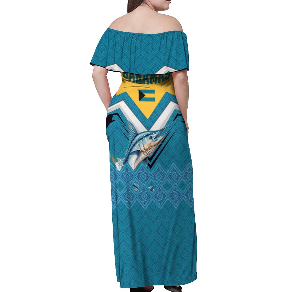 Bahamas Off Shoulder Maxi Dress with Blue Marlin Fish Tribal Chevron Flag Spirit
