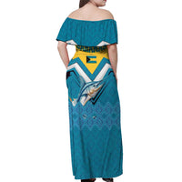 Bahamas Off Shoulder Maxi Dress with Blue Marlin Fish Tribal Chevron Flag Spirit