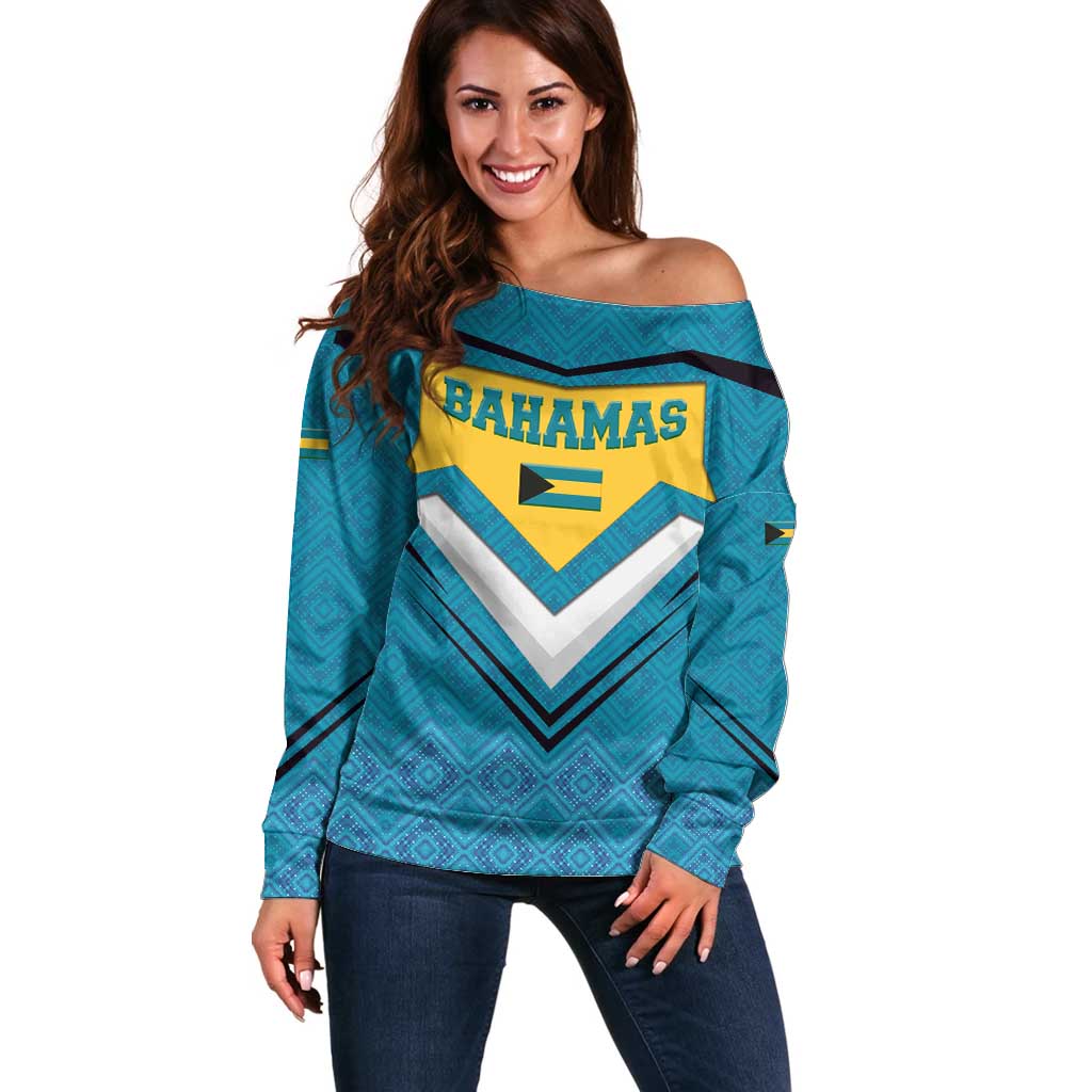 Bahamas Off Shoulder Sweater with Blue Marlin Fish Tribal Chevron Flag Spirit
