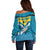 Bahamas Off Shoulder Sweater with Blue Marlin Fish Tribal Chevron Flag Spirit