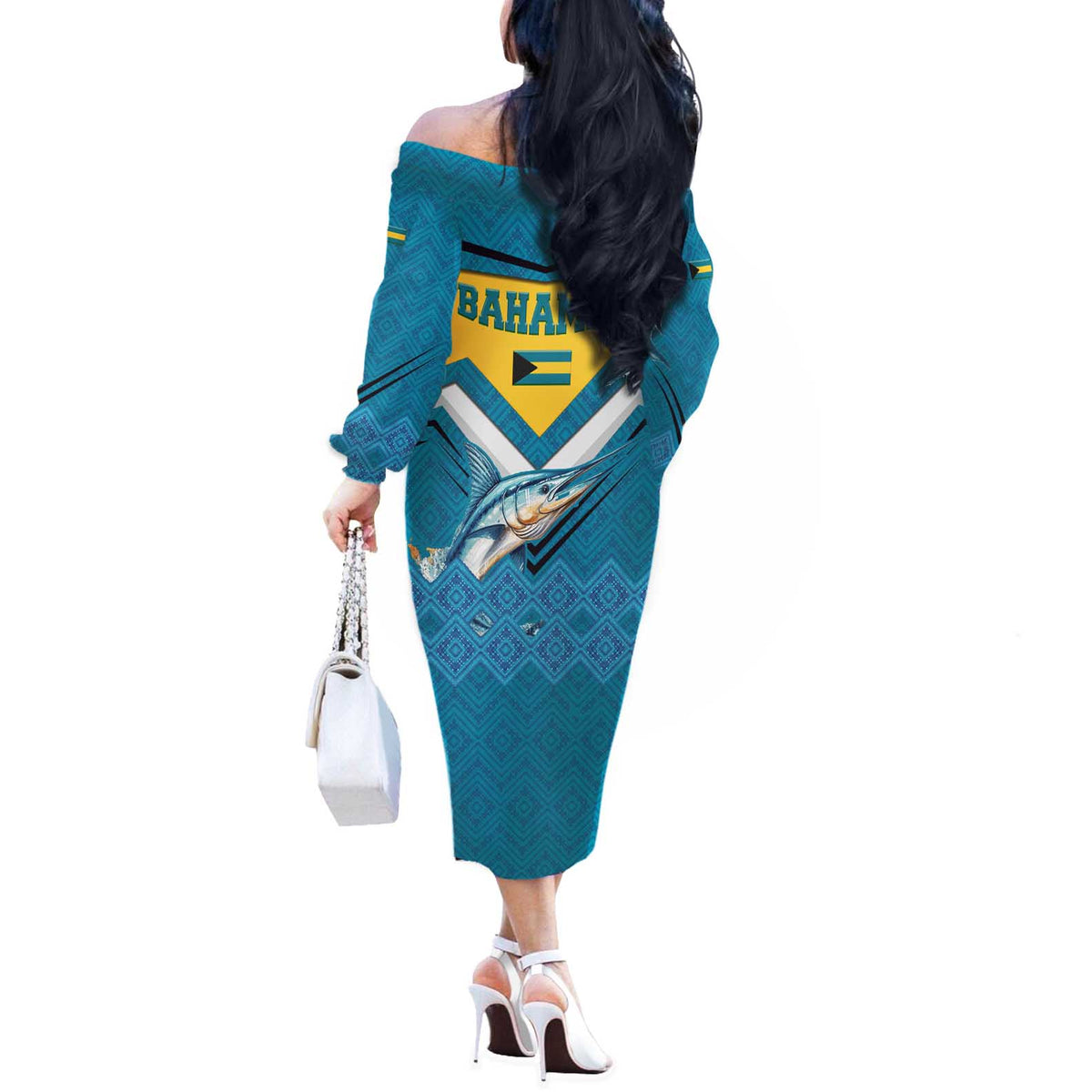 Bahamas Off The Shoulder Long Sleeve Dress with Blue Marlin Fish Tribal Chevron Flag Spirit