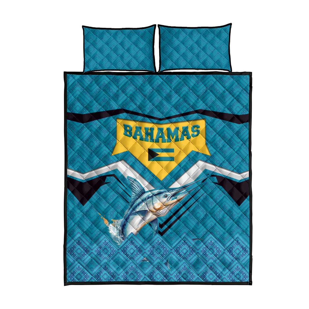 Bahamas Quilt Bed Set with Blue Marlin Fish Tribal Chevron Flag Spirit