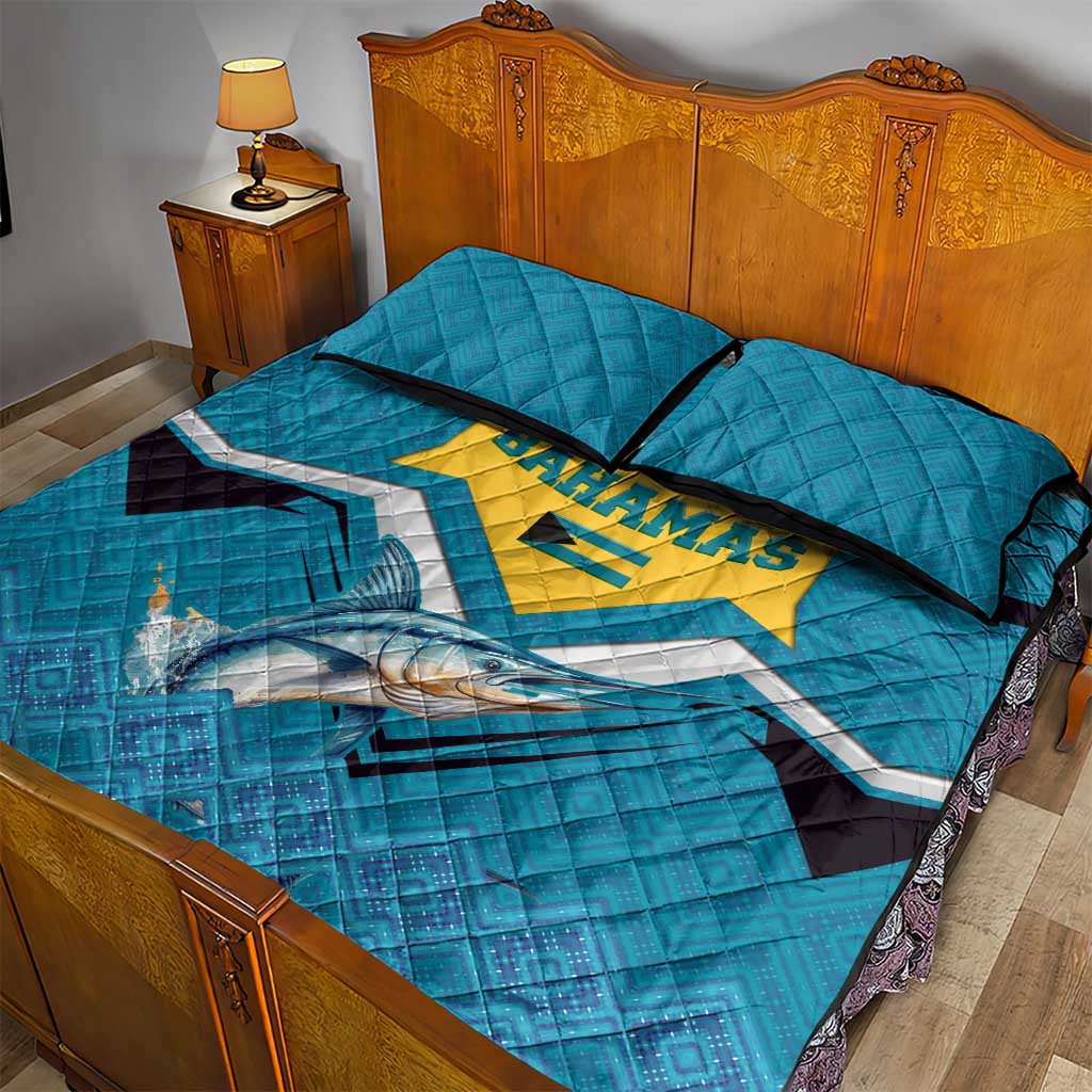 Bahamas Quilt Bed Set with Blue Marlin Fish Tribal Chevron Flag Spirit