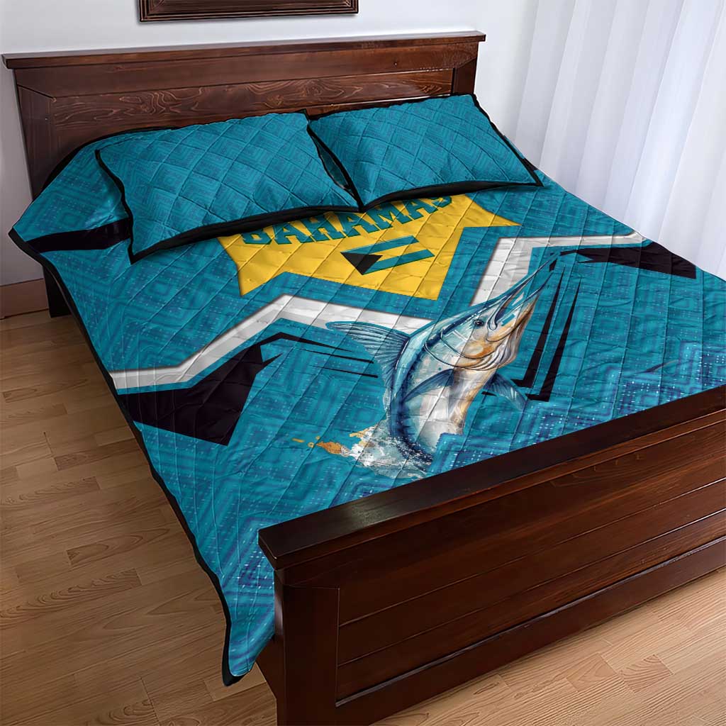 Bahamas Quilt Bed Set with Blue Marlin Fish Tribal Chevron Flag Spirit