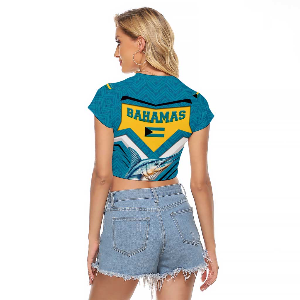 Bahamas Raglan Cropped T Shirt with Blue Marlin Fish Tribal Chevron Flag Spirit