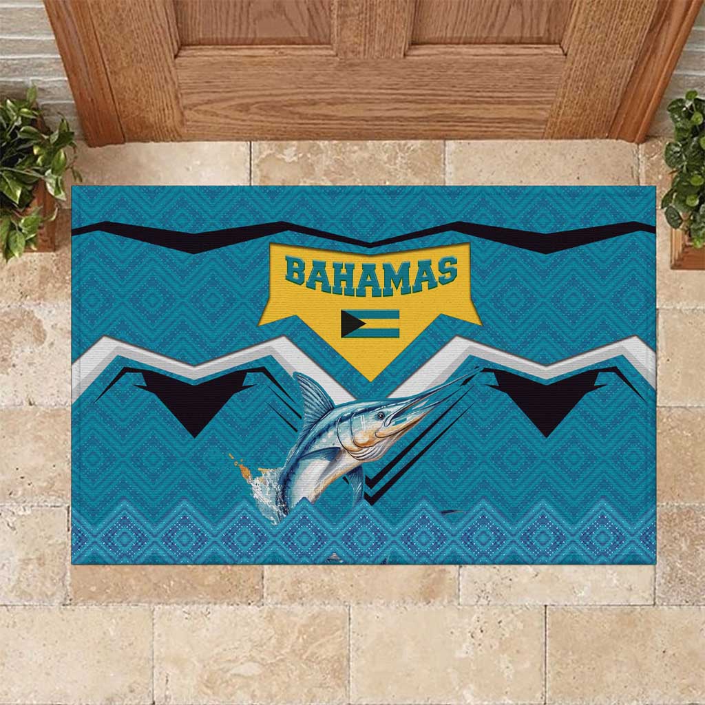Bahamas Rubber Doormat with Blue Marlin Fish Tribal Chevron Flag Spirit