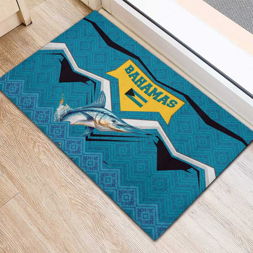 Bahamas Rubber Doormat with Blue Marlin Fish Tribal Chevron Flag Spirit