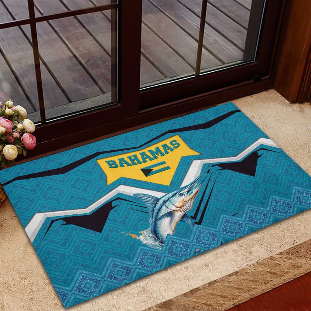 Bahamas Rubber Doormat with Blue Marlin Fish Tribal Chevron Flag Spirit
