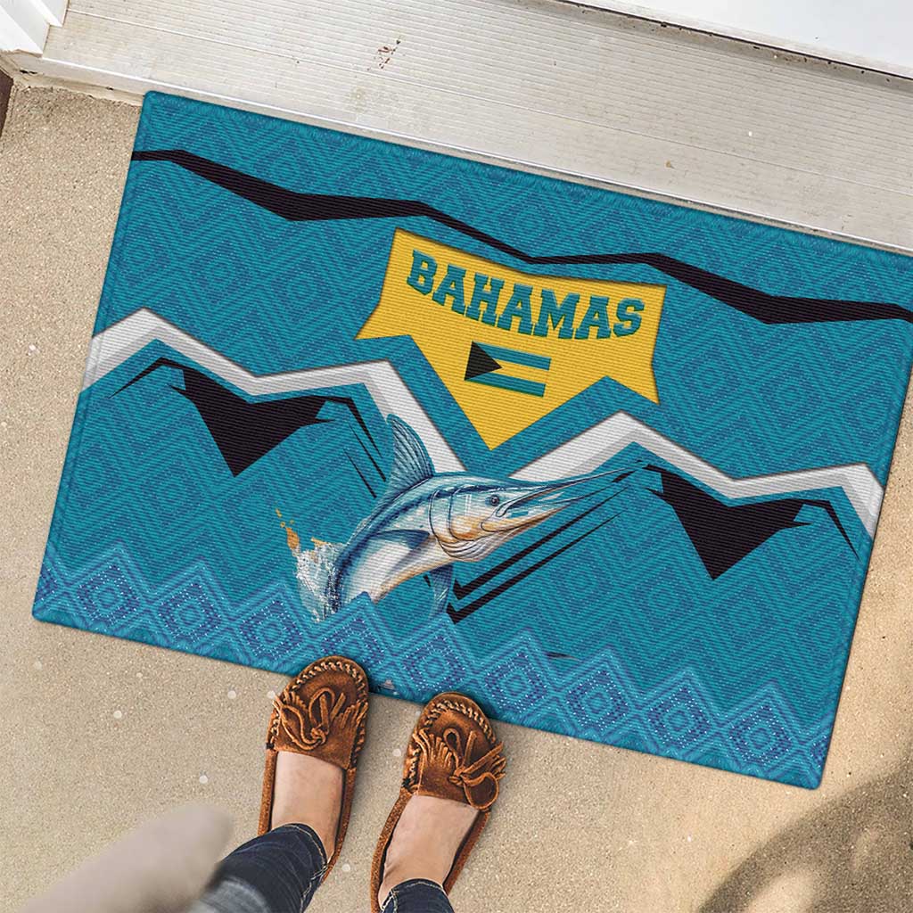 Bahamas Rubber Doormat with Blue Marlin Fish Tribal Chevron Flag Spirit