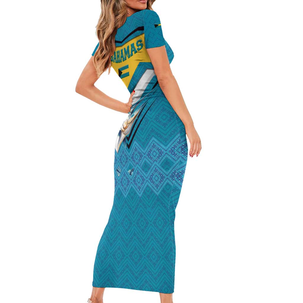 Bahamas Short Sleeve Bodycon Dress with Blue Marlin Fish Tribal Chevron Flag Spirit