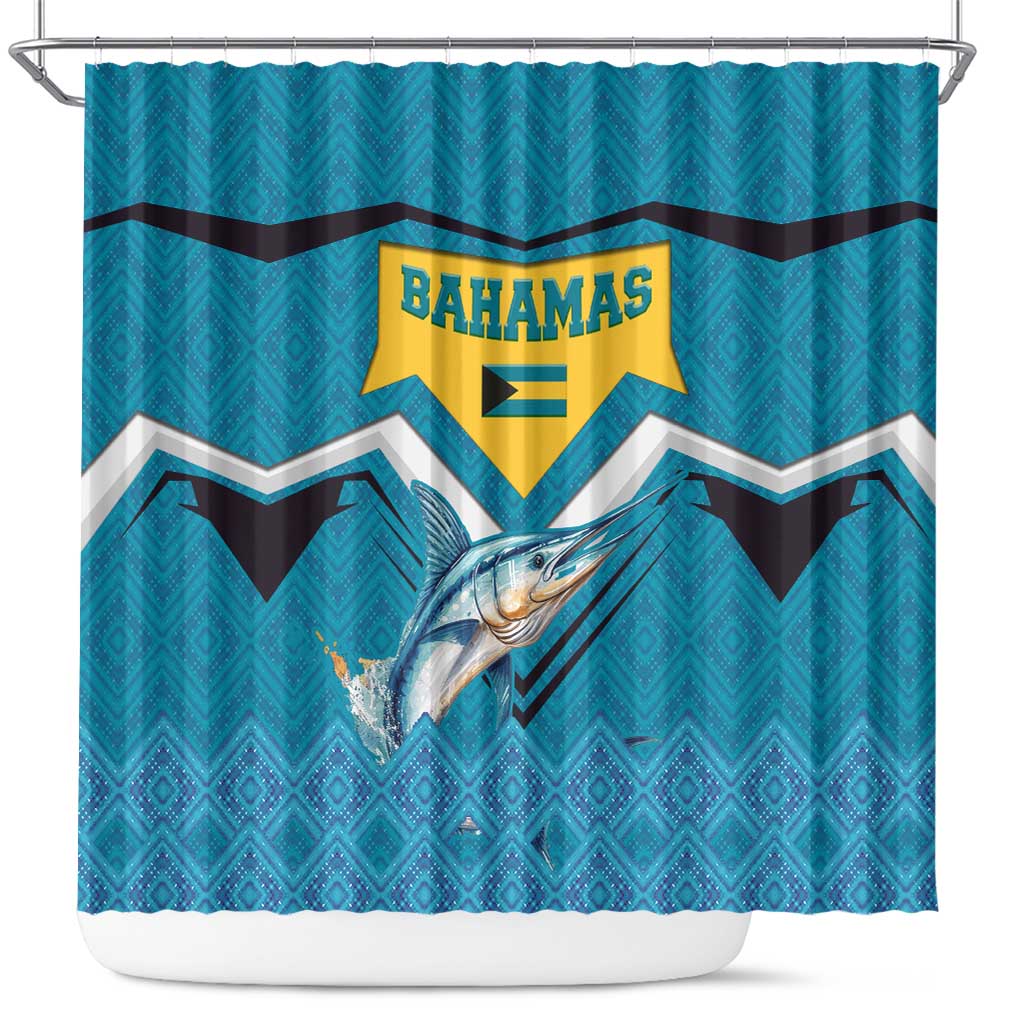 Bahamas Shower Curtain with Blue Marlin Fish Tribal Chevron Flag Spirit