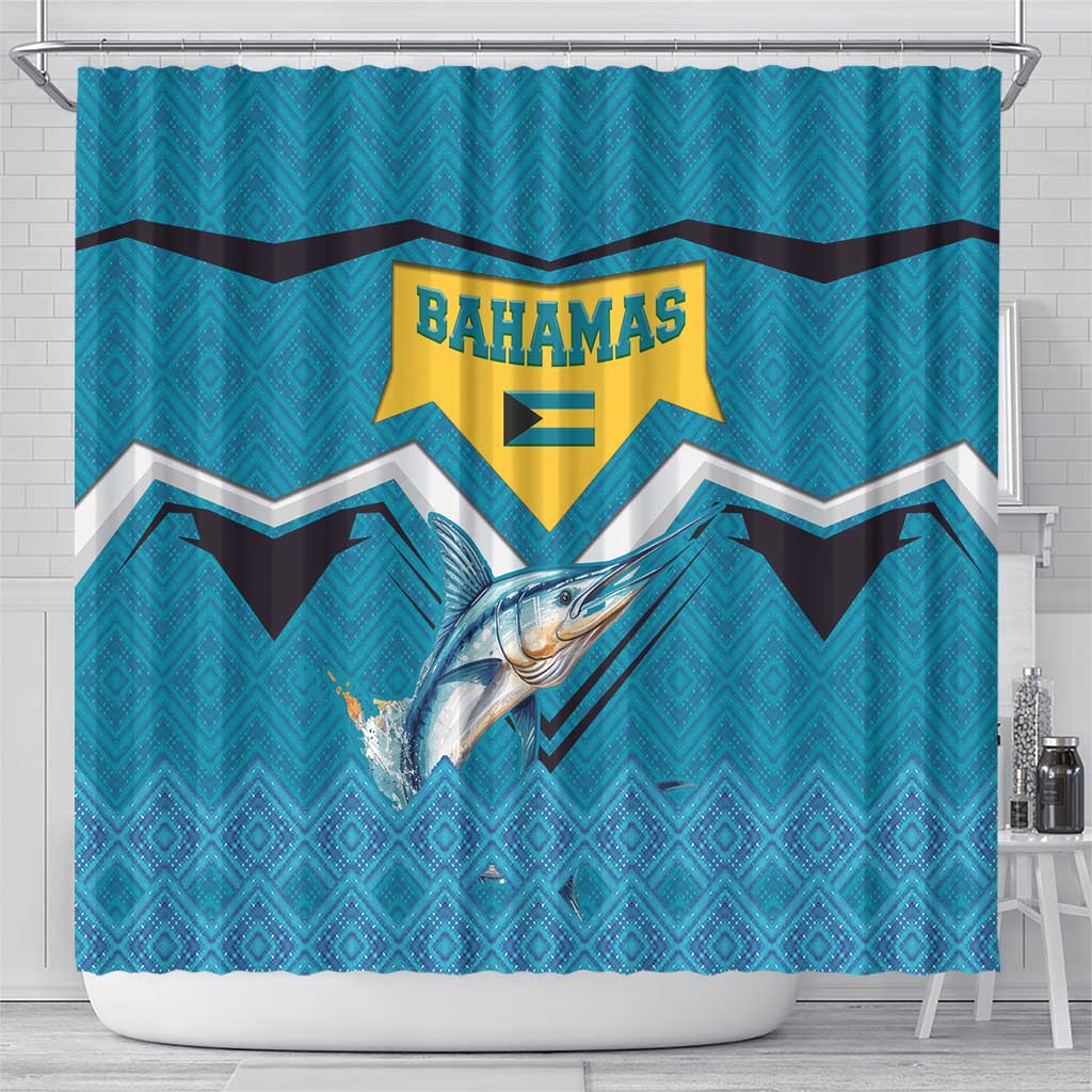 Bahamas Shower Curtain with Blue Marlin Fish Tribal Chevron Flag Spirit