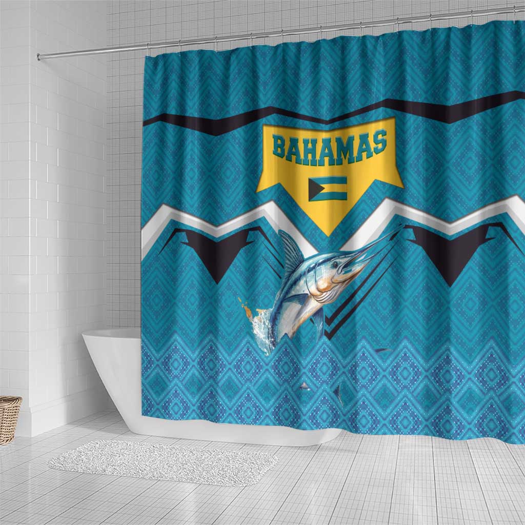 Bahamas Shower Curtain with Blue Marlin Fish Tribal Chevron Flag Spirit