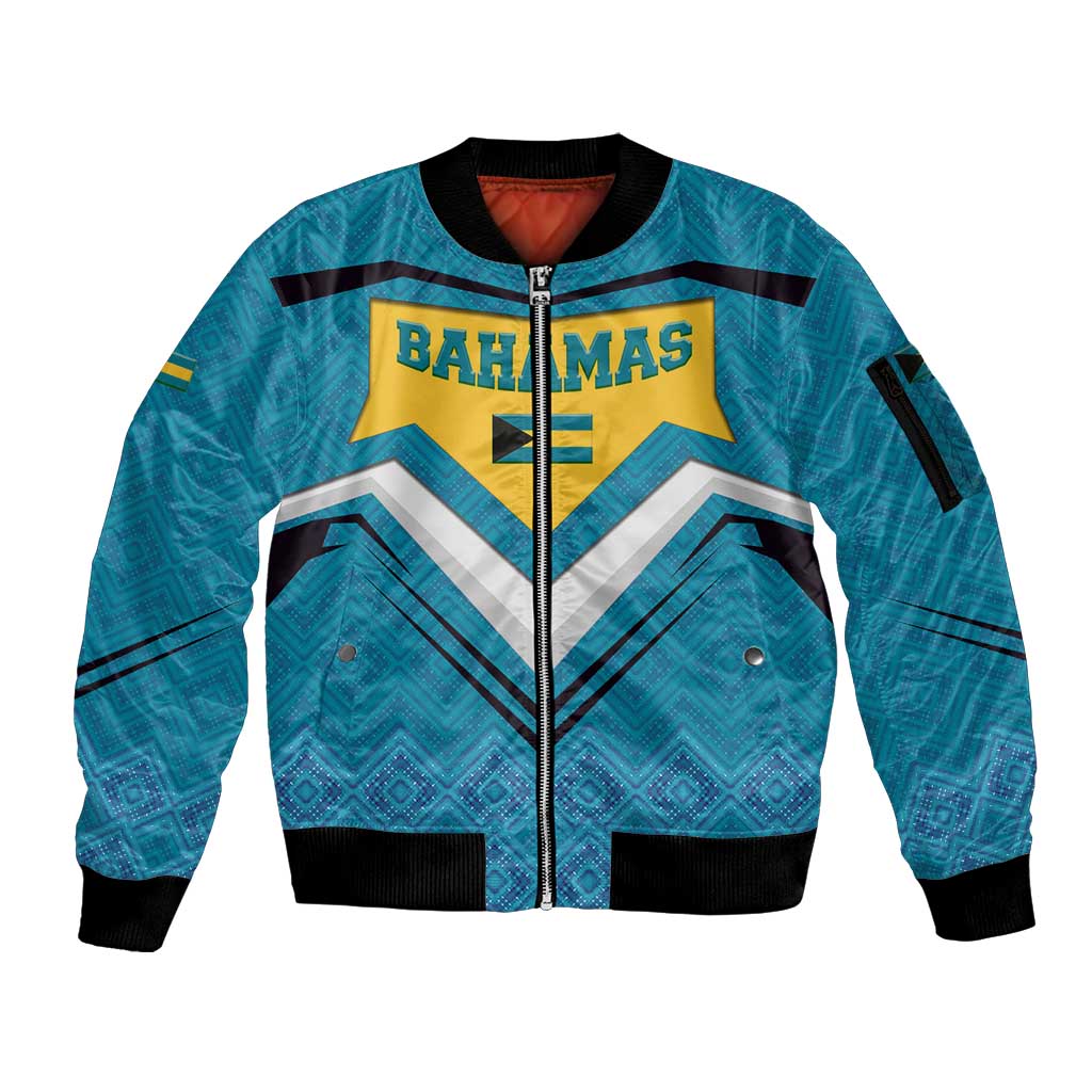 Bahamas Sleeve Zip Bomber Jacket with Blue Marlin Fish Tribal Chevron Flag Spirit