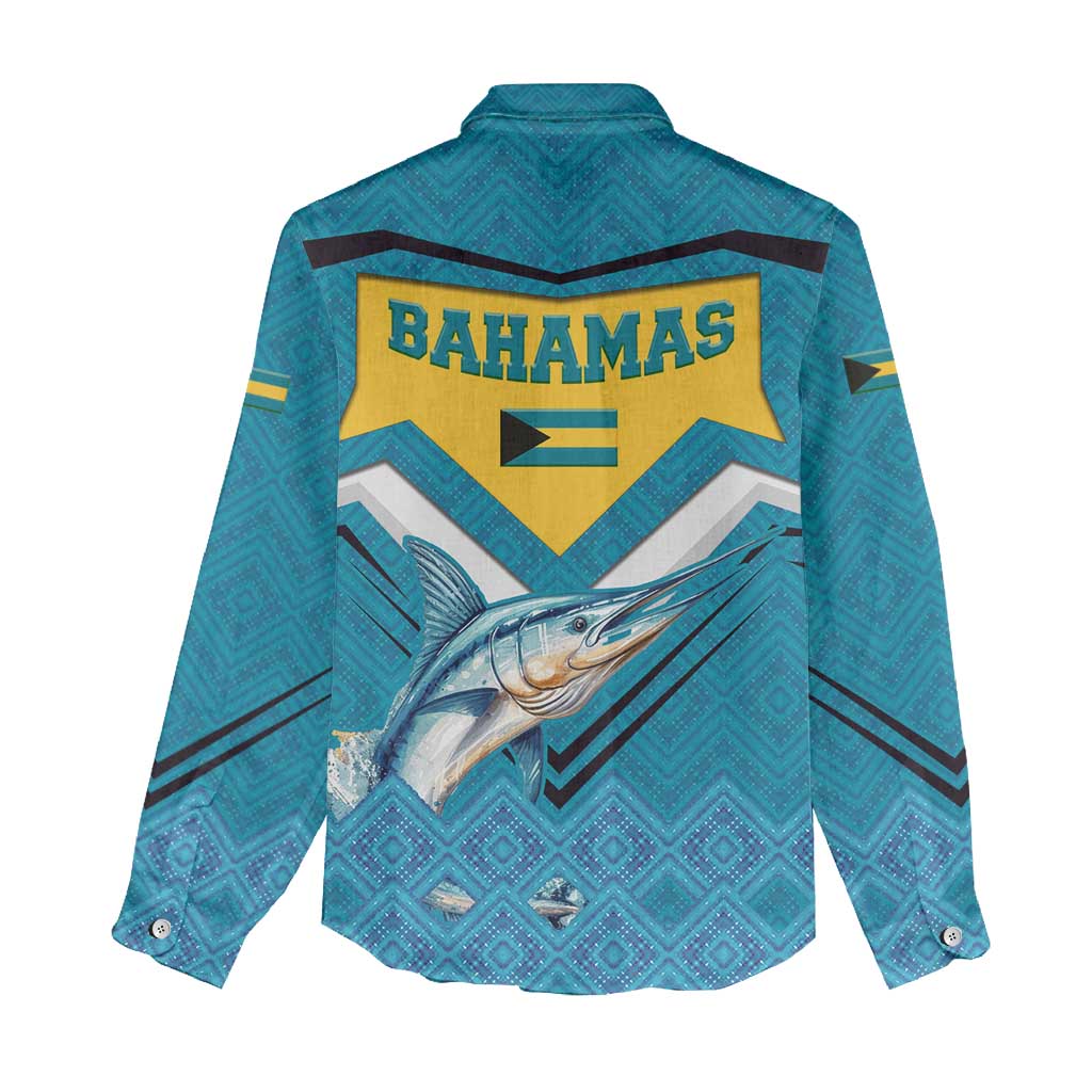 Bahamas Women Casual Shirt with Blue Marlin Fish Tribal Chevron Flag Spirit