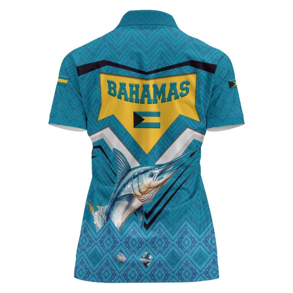 Bahamas Women Polo Shirt with Blue Marlin Fish Tribal Chevron Flag Spirit
