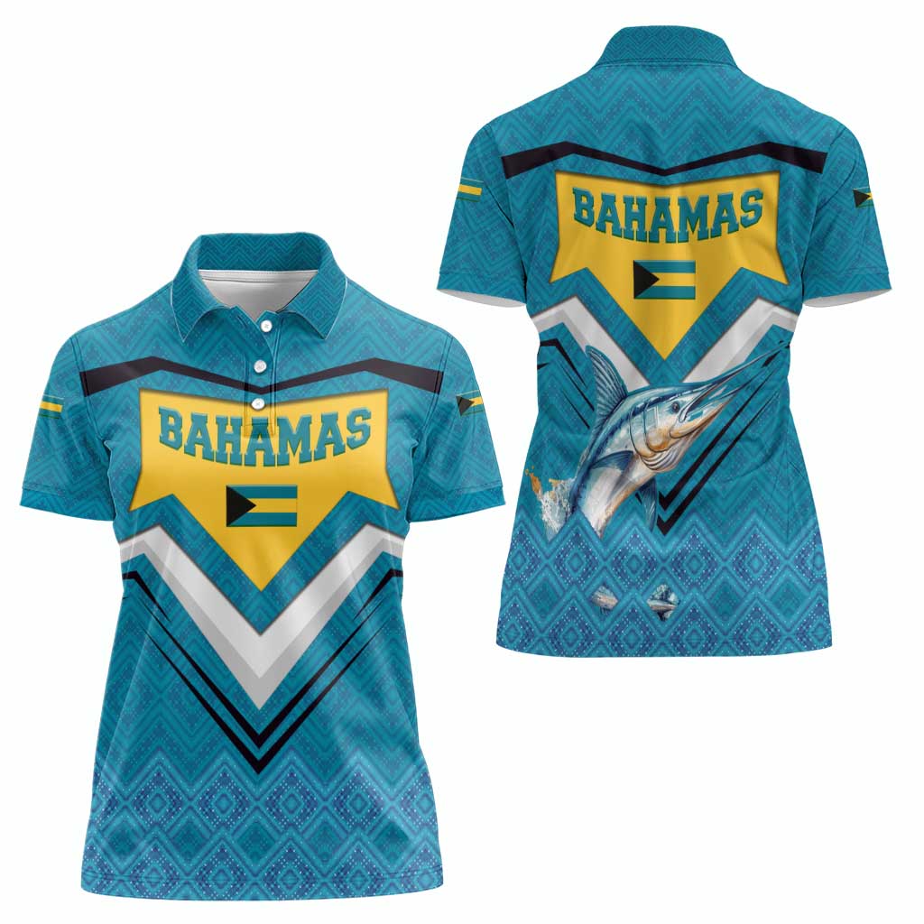 Bahamas Women Polo Shirt with Blue Marlin Fish Tribal Chevron Flag Spirit