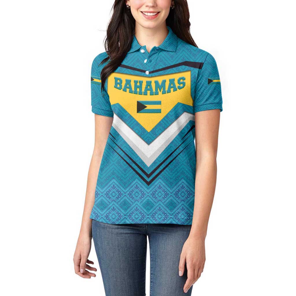 Bahamas Women Polo Shirt with Blue Marlin Fish Tribal Chevron Flag Spirit