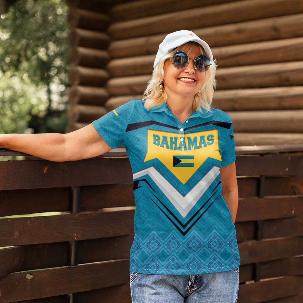 Bahamas Women Polo Shirt with Blue Marlin Fish Tribal Chevron Flag Spirit