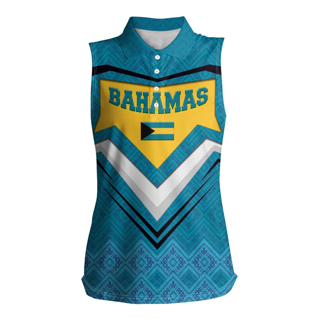 Bahamas Women Sleeveless Polo Shirt with Blue Marlin Fish Tribal Chevron Flag Spirit