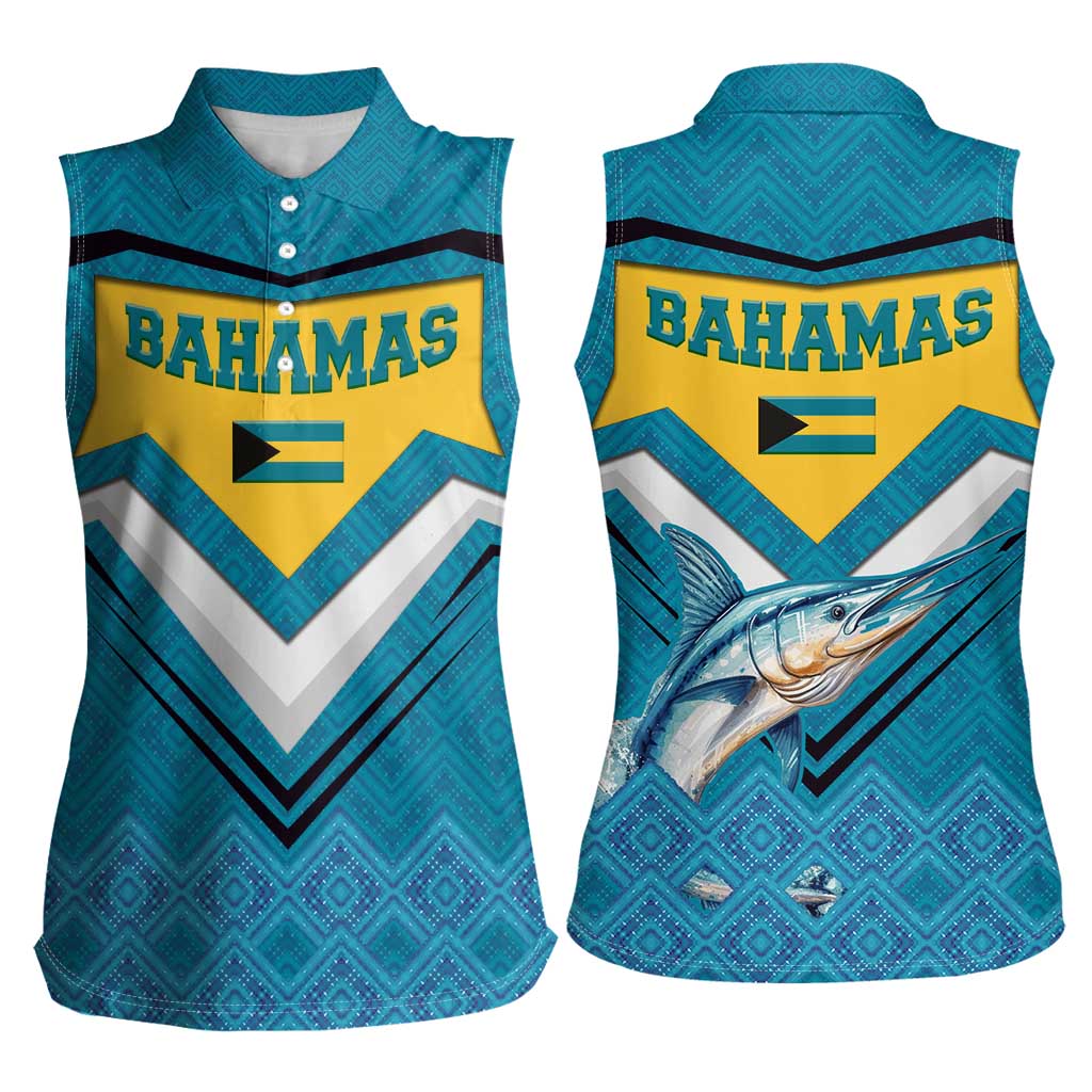 Bahamas Women Sleeveless Polo Shirt with Blue Marlin Fish Tribal Chevron Flag Spirit