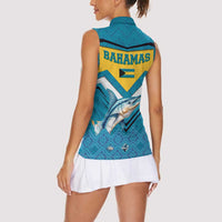 Bahamas Women Sleeveless Polo Shirt with Blue Marlin Fish Tribal Chevron Flag Spirit