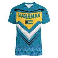 Bahamas Women V-Neck T-Shirt with Blue Marlin Fish Tribal Chevron Flag Spirit
