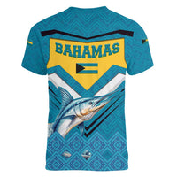 Bahamas Women V-Neck T-Shirt with Blue Marlin Fish Tribal Chevron Flag Spirit