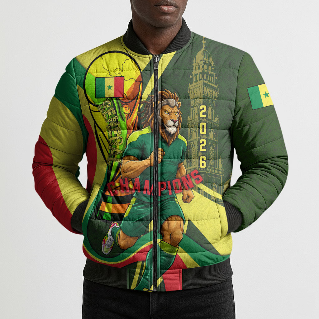Personalized Senegal Champions World Football 2026 Bomber Puffer Jacket Lions Of Teranga - Great Mosque Of Touba Pattern